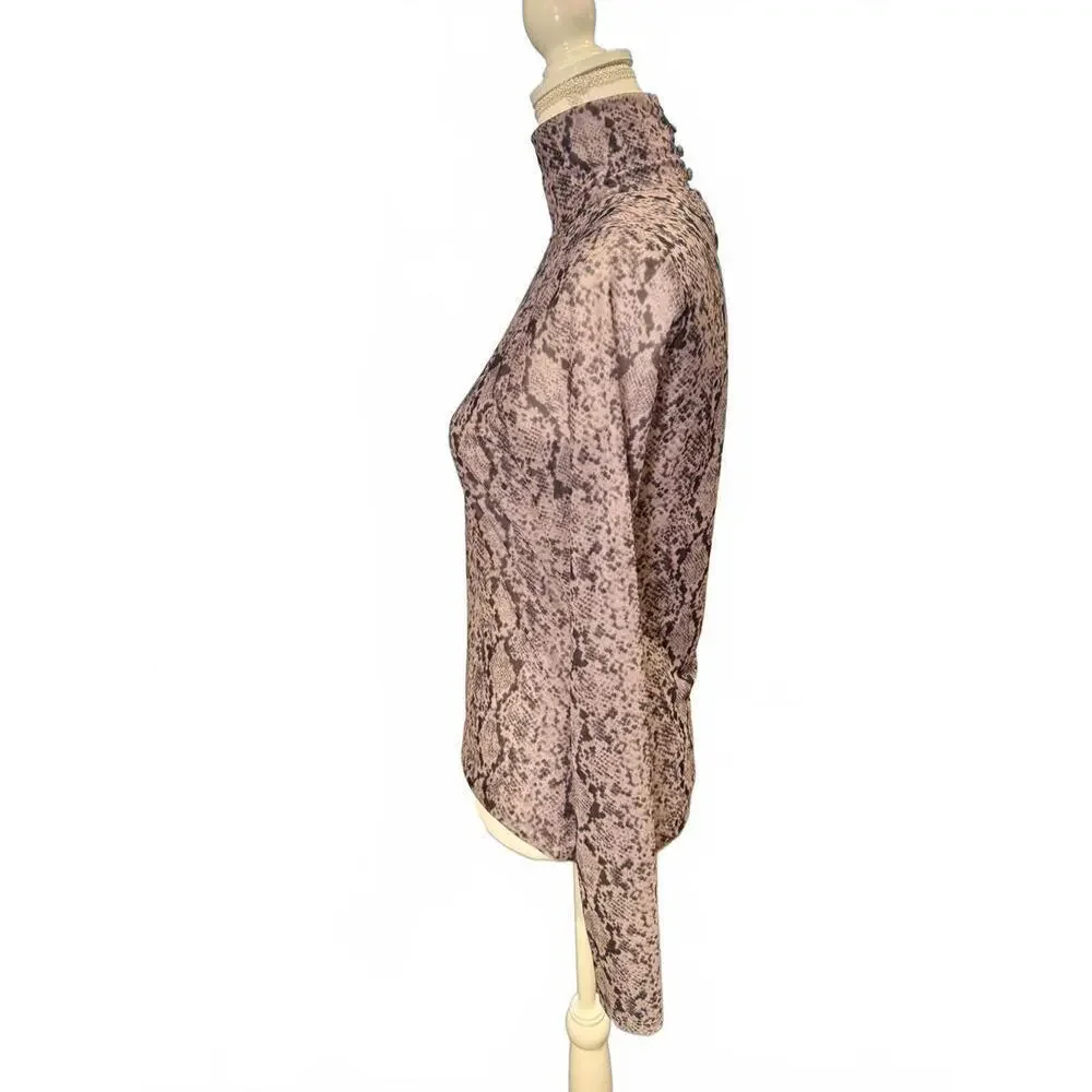 Cinq a Sept Mesh Long Sleeve Turtleneck Top with Snake Print, Large - Picture 3 of 6